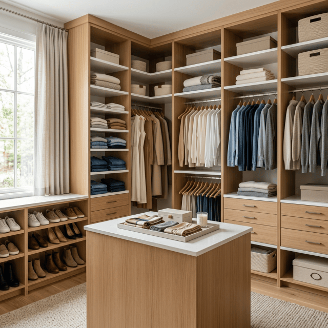 Organized walk-in closet with clothing, shoes, folded linens, and storage baskets